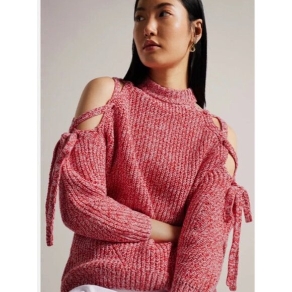 Ted Baker London Red & White Merlina Lace-Up Cold Shoulder Sweater Sz 1 / 4 NWT! - Picture 1 of 10